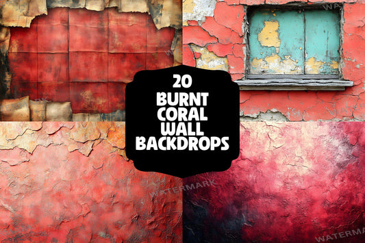 Burnt Coral Wall Backdrops | Aged Textured Digital Backgrounds | Rustic Weathered Surfaces | Vintage Photography | Photoshop Background