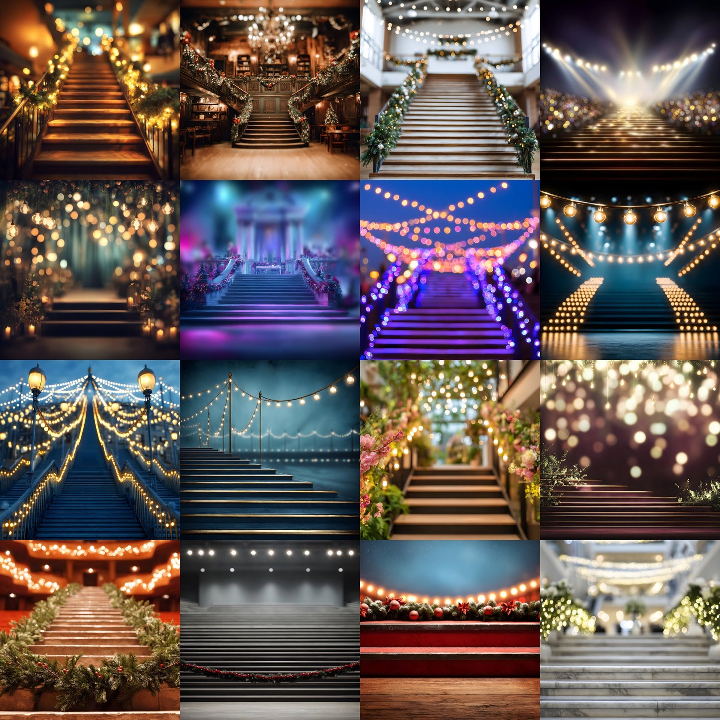Stage Stairs Lights Garland Digital Backdrop, Photography Background for Performers, Virtual Photo Booth, Concert Photography Prop