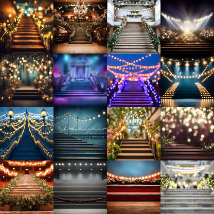 Stage Stairs Lights Garland Digital Backdrop, Photography Background for Performers, Virtual Photo Booth, Concert Photography Prop