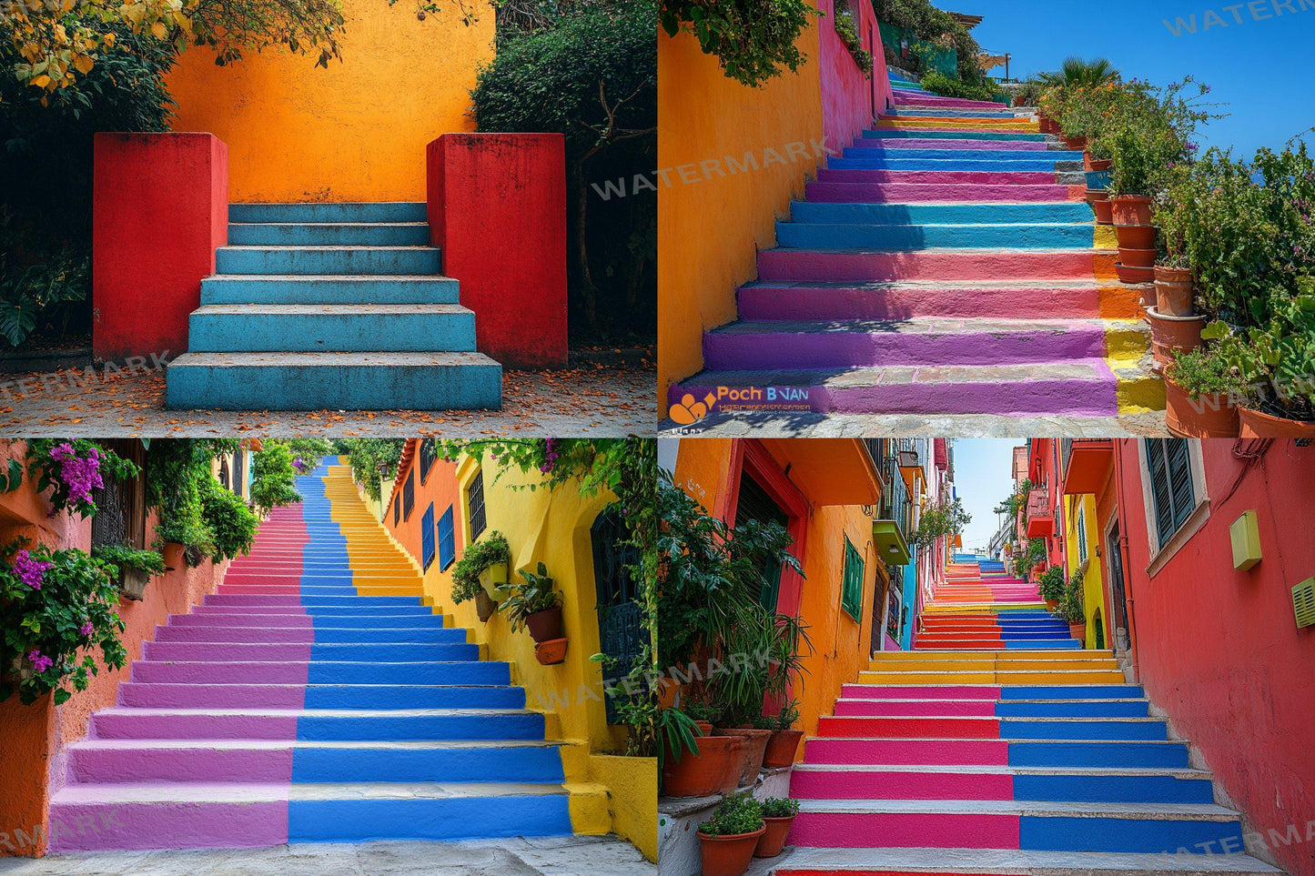 Colorful Urban Stairs Digital Backdrops for Photography & Photoshop Composites | Vibrant Steps Digital Backgrounds and Overlay Scenes