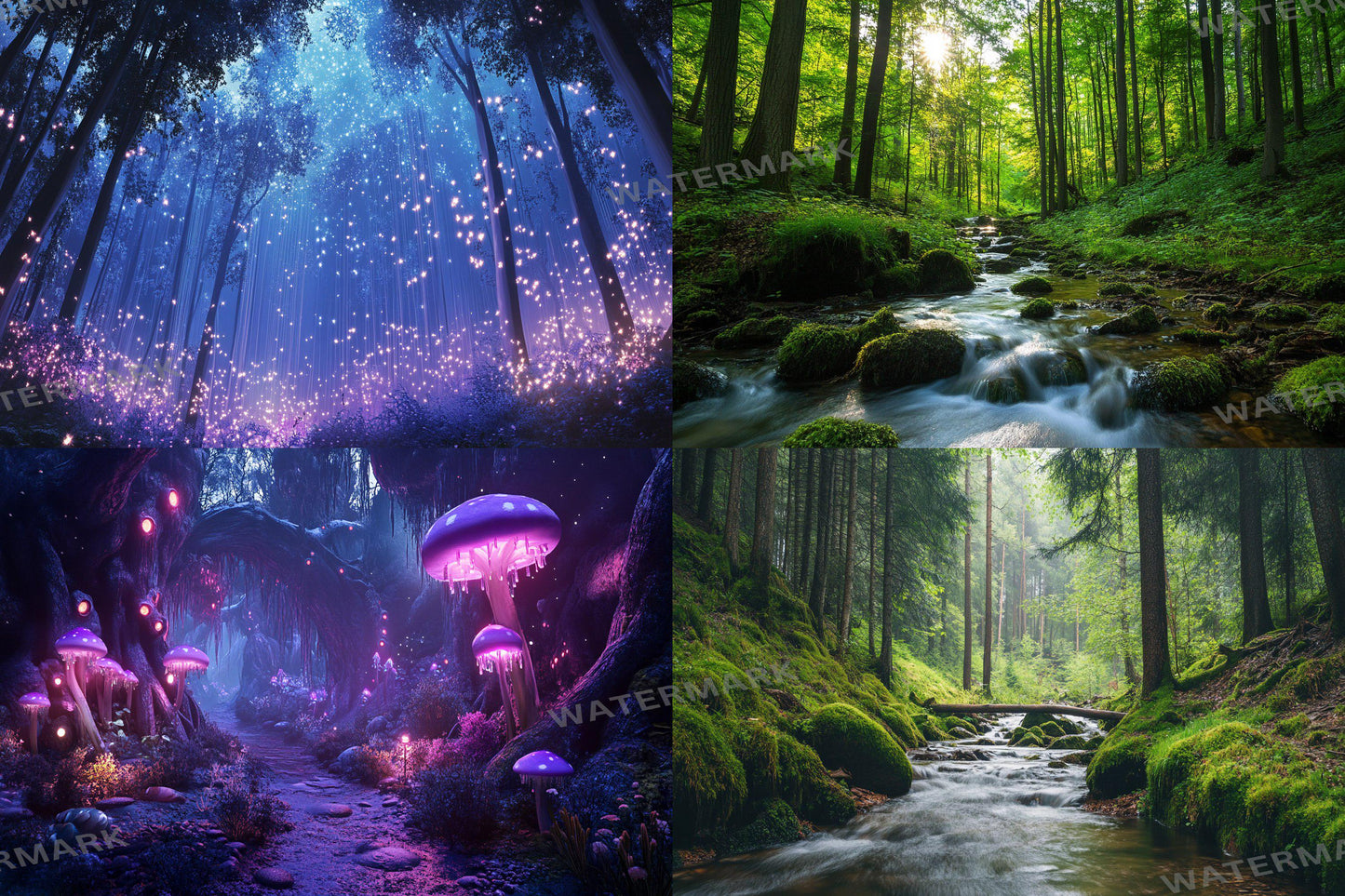 Fairy Forest digital backdrop, 16:9 ratio. Magical glowing forest with fireflies and soft light, perfect streaming background