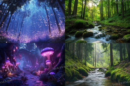 Fairy Forest digital backdrop, 16:9 ratio. Magical glowing forest with fireflies and soft light, perfect streaming background