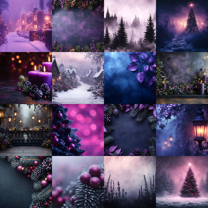 Gothic Purple Christmas Backdrop Set, Fantasy Holiday Backgrounds for Photography, Dark Festive Digital Backdrops, Winter Photo Overlays