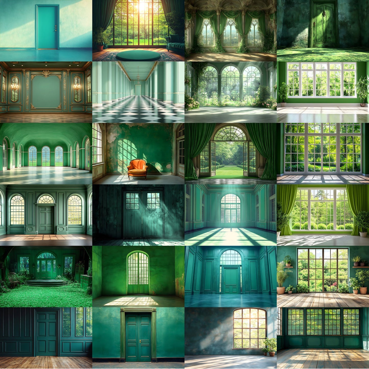 Royal Green Interior Digital Backdrop Collection, Photography Backgrounds, Elegant Home Photo Overlays, High-Resolution Images for Composites