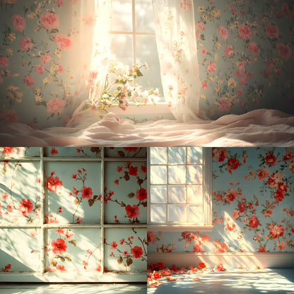 Floral Vintage Wallpaper Digital Backdrop, Shabby Chic Photography Background, Antique Flower Portrait Photo Booth, Images