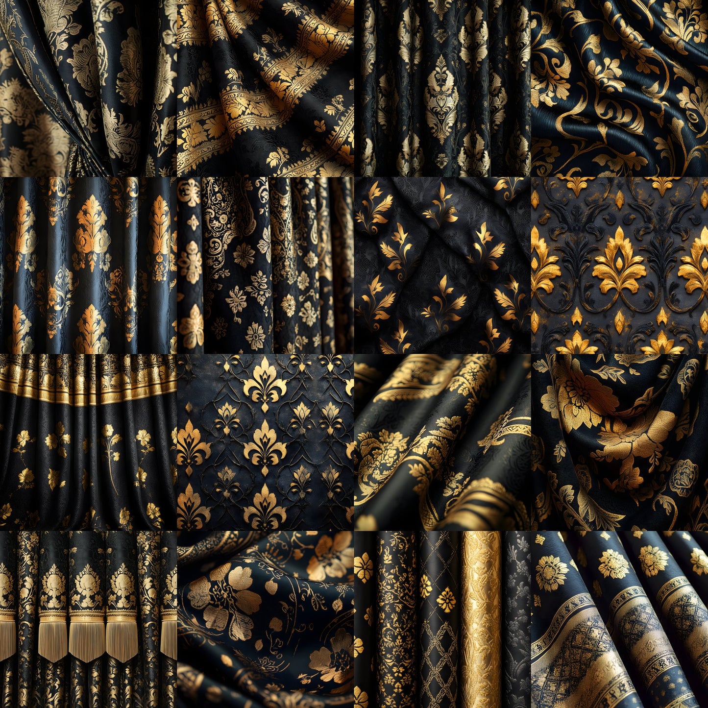 Black Gold Brocade Curtains Digital Backdrop, Elegant Photography Background, Luxury Portrait Photo Booth, Printable Fabric Texture, Ratios