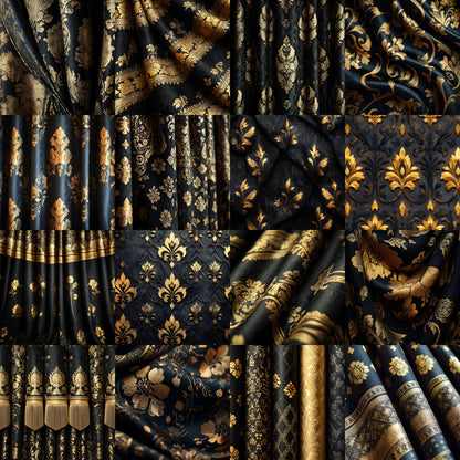 Black Gold Brocade Curtains Digital Backdrop, Elegant Photography Background, Luxury Portrait Photo Booth, Printable Fabric Texture, Ratios