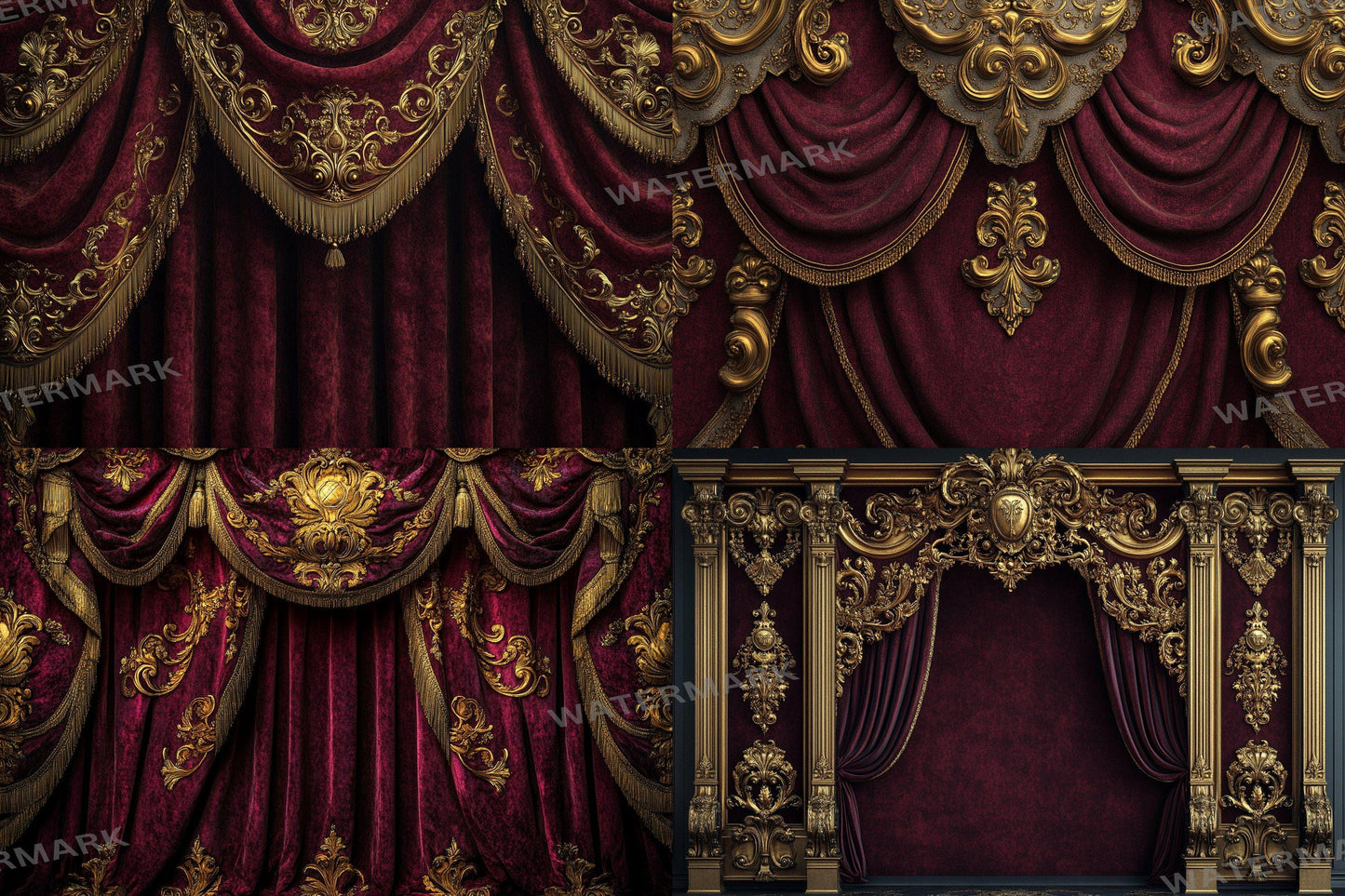 Opulent Gold Drapes Backdrops, Royal Velvet Curtains Digital Backgrounds, Luxury Red Gold Photography Props, Baroque Theatre Stage
