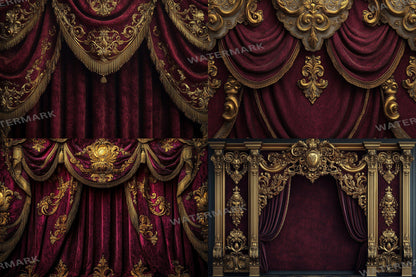 Opulent Gold Drapes Backdrops, Royal Velvet Curtains Digital Backgrounds, Luxury Red Gold Photography Props, Baroque Theatre Stage