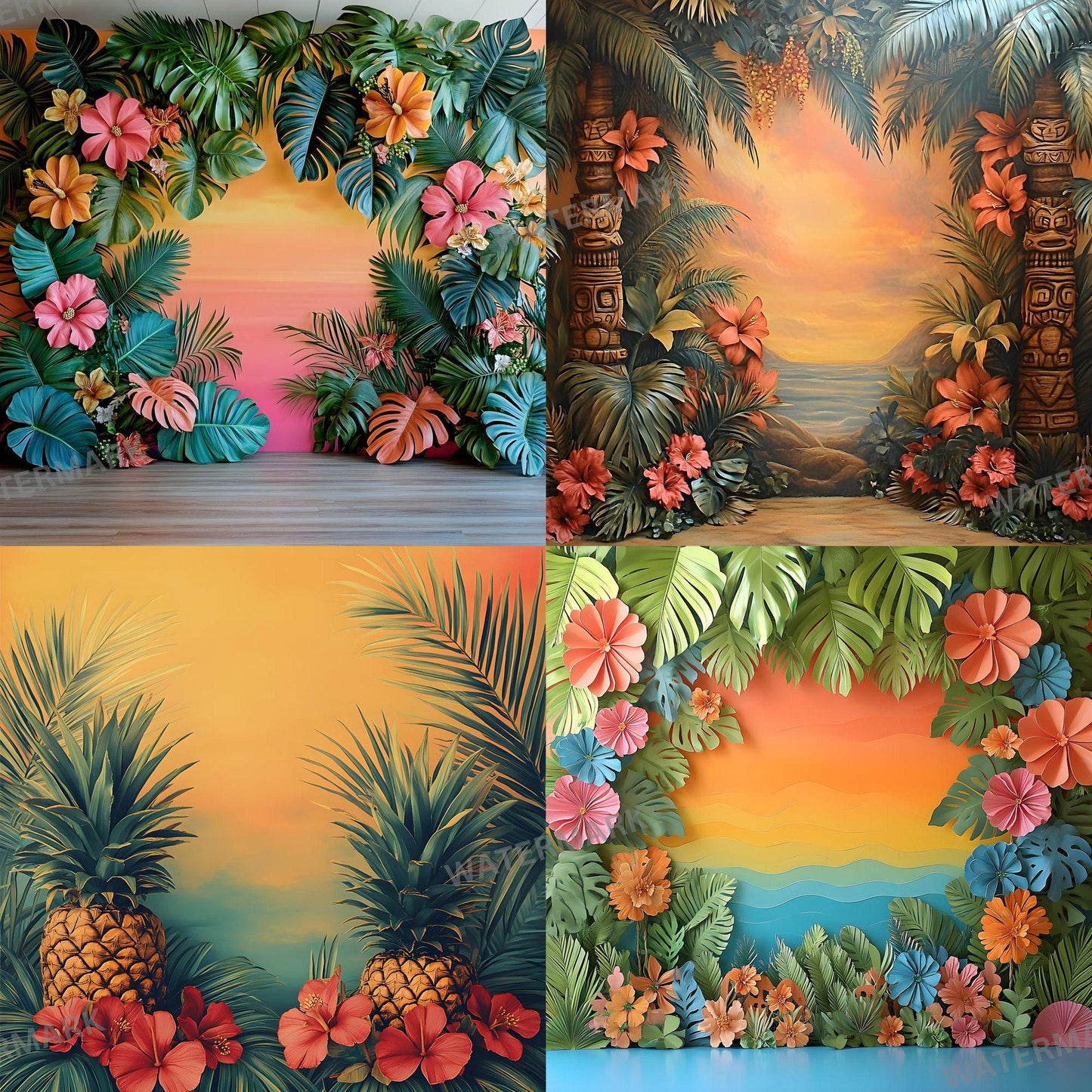 Tropical Luau Backdrops - Vibrant Beach & Palm Tree Digital Backgrounds for Summer Photography - Tropical, Hawaii, Studio Backgrounds