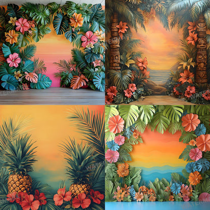 Tropical Luau Backdrops - Vibrant Beach & Palm Tree Digital Backgrounds for Summer Photography - Tropical, Hawaii, Studio Backgrounds