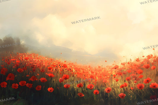 Dreamy Poppy Fields Digital Backdrop, Wizard of Oz Photography Background with Solitary Figure, Red Flower Landscape Scene