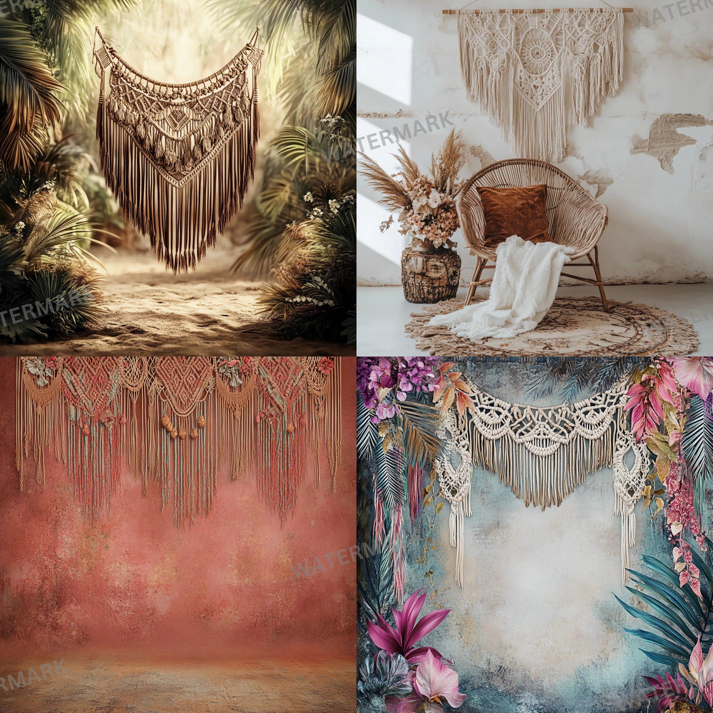 Boho Chic Backdrops | Macrame & Floral Rustic Digital Backgrounds | Boho Photography - Boho Scene, Photoshop, Indoor Photography Backdrop