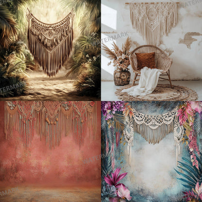 Boho Chic Backdrops | Macrame & Floral Rustic Digital Backgrounds | Boho Photography - Boho Scene, Photoshop, Indoor Photography Backdrop