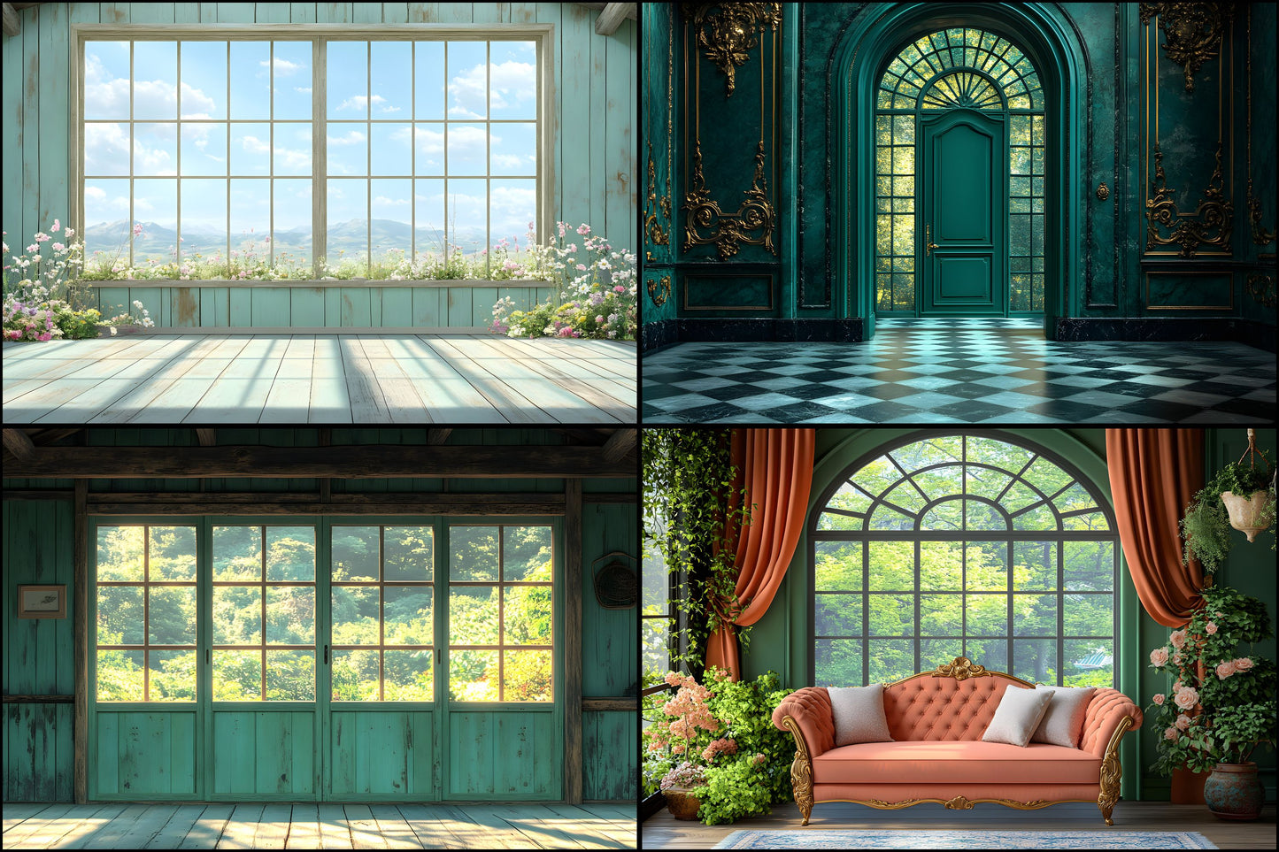 Royal Green Interior Digital Backdrop Collection, Photography Backgrounds, Elegant Home Photo Overlays, High-Resolution Images for Composites