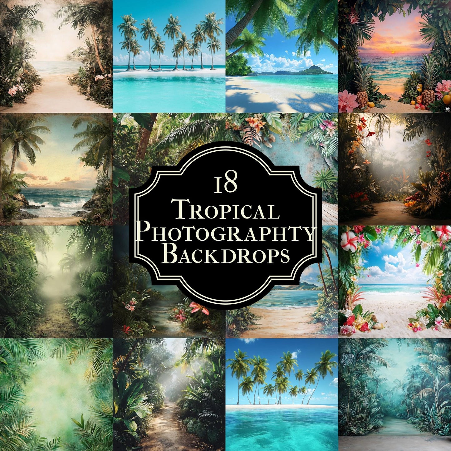 TROPICAL PHOTOGRAPHY BACKDROPS Digital Backgrounds for Photography, Bright Colorful Beaches, Palm Trees, Oceans & Floral Scene Overlays