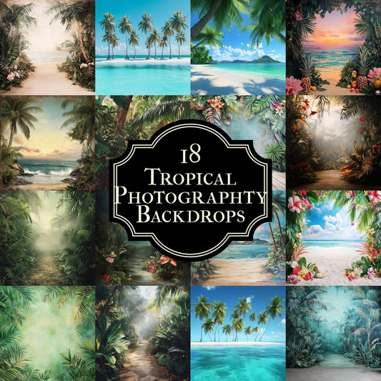 TROPICAL PHOTOGRAPHY BACKDROPS Digital Backgrounds for Photography, Bright Colorful Beaches, Palm Trees, Oceans & Floral Scene Overlays