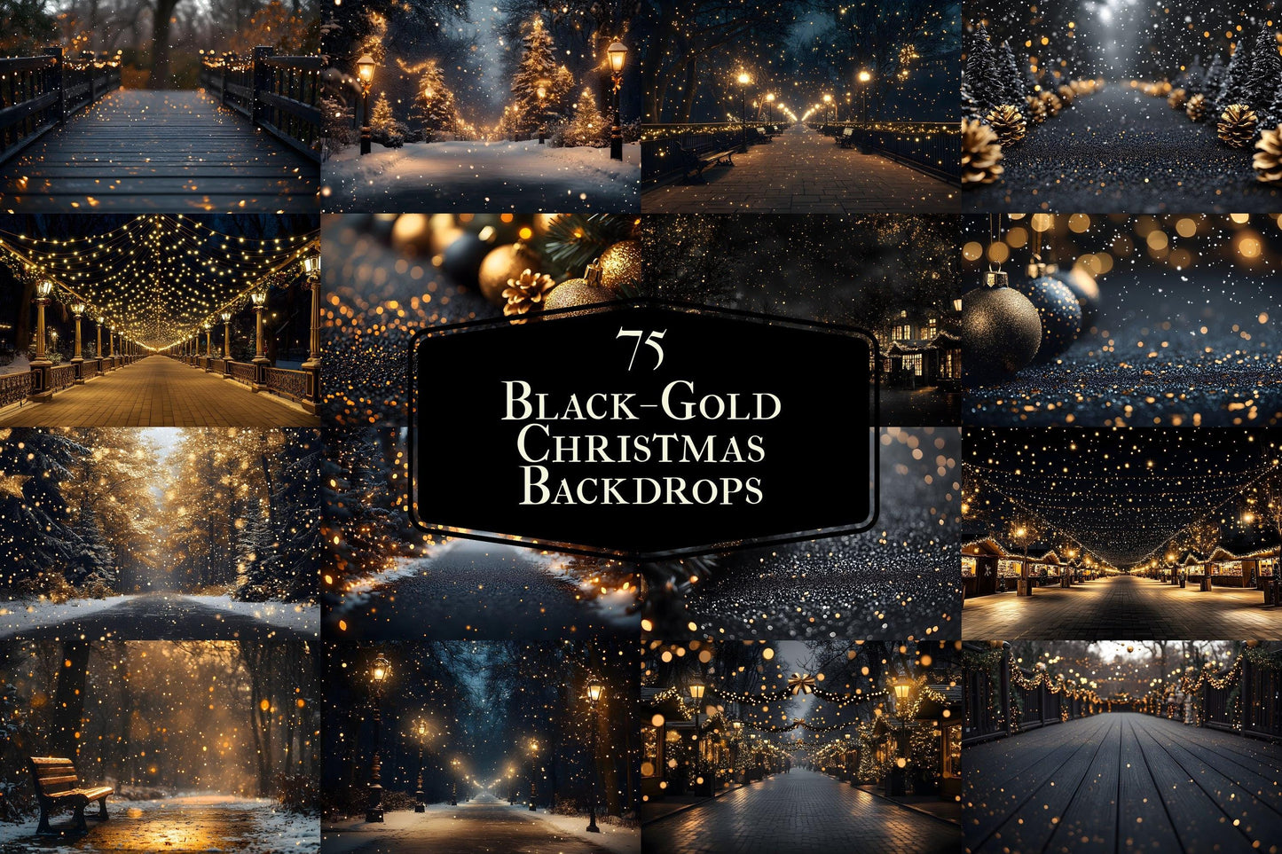 Black and Gold Christmas Backdrops: Luxury Christmas Background, Xmas, Photography Backdrops - Photoshop Digital Backdrops and Overlays