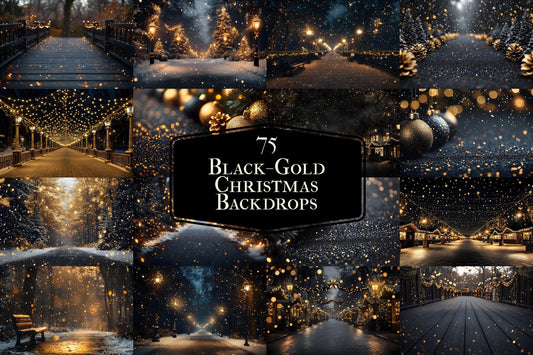 Black and Gold Christmas Backdrops: Luxury Christmas Background, Xmas, Photography Backdrops - Photoshop Digital Backdrops and Overlays