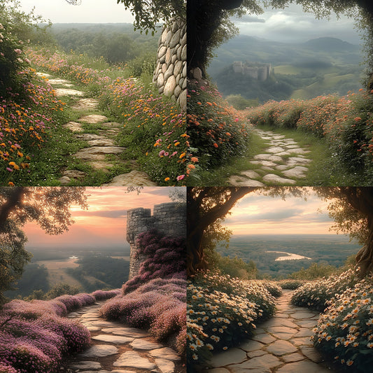 Wildflower Castle Backdrop, Wall View Digital Backgrounds, Fantasy Photography, Images, Enchanted Scene, Dreamy Photo Overlays