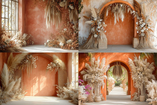 Boho Terracotta Backdrops - Warm Rustic Pampas & Elegant Archway Digital Backgrounds for Photoshop, Master Overlays, Maternity, Wedding