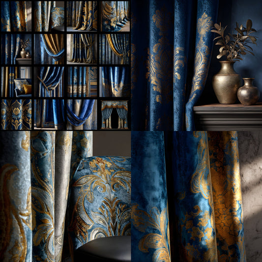 Blue Gold Velvet Curtain Digital Backdrop, Elegant Photography Background for Portraits, Photo Booth Prop, Luxurious Texture, Wedding Images