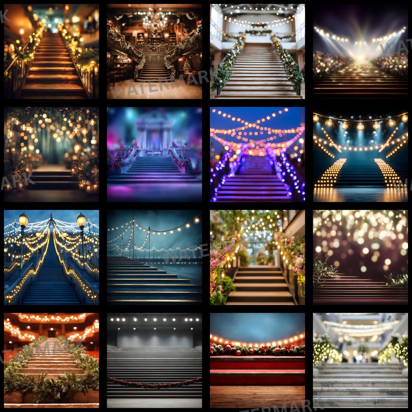 Stage Stairs Lights Garland Digital Backdrop, Photography Background for Performers, Virtual Photo Booth, Concert Photography Prop