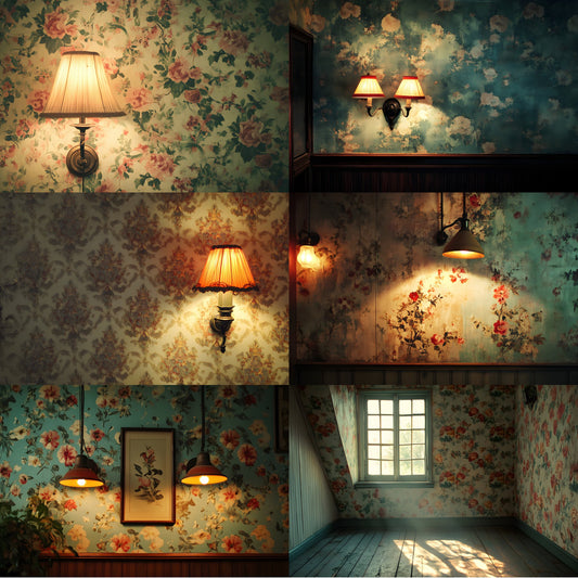 Vintage Wallpaper Room Digital Backdrop, Photography Backgrounds, Antique Interior Photo Prop, High-Res Image Download