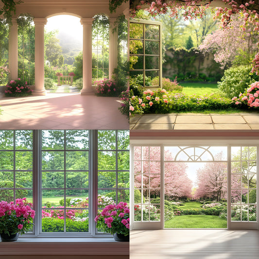 Vintage Beige Garden Photography Backdrop Set, Dreamy Outdoor Scenery Digital Backgrounds for Portrait Photoshoots, Studio Prop