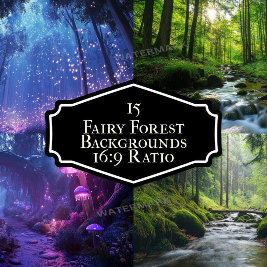 Fairy Forest digital backdrop, 16:9 ratio. Magical glowing forest with fireflies and soft light, perfect streaming background
