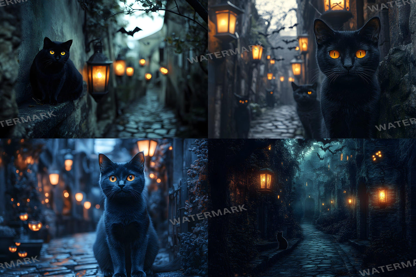 Black Cat Alley Backdrops, Night Urban Moody City Digital Background - Feline, Mysterious Dark Street Scene, Witchcraft - Witch's Cat