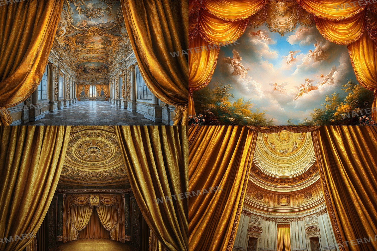 Baroque Regal Fresco Digital Backdrops, Grand Palace Ceiling Photography Backgrounds, Ornate Royal Interior - Baroque Luxury Room