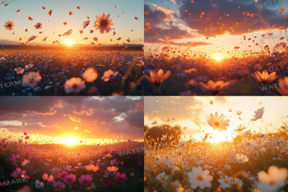 Sunset Wildflowers Digital Backdrops - Warm Golden Hour Field, Summer Bloom Photography Backgrounds - Maternity, Wedding Backdrops