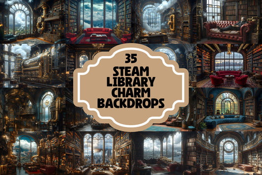 Steampunk Library Charm Backdrops | Vintage Study | Steampunk Bookshelves | Gothic Reading Nook | Digital Backgrounds