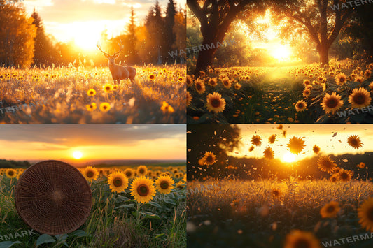 Sunset Sunflowers Backdrops - Golden Hour Field Digital Backgrounds, Rustic Floral Photography Backdrop, Summer Aesthetic