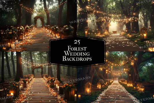 Forest Wedding Backdrops ��������� Rustic Elegance with Fairy Lights and Candlelit Paths - 3:2 Ratio - Wedding Photography - Wedding Backgrounds