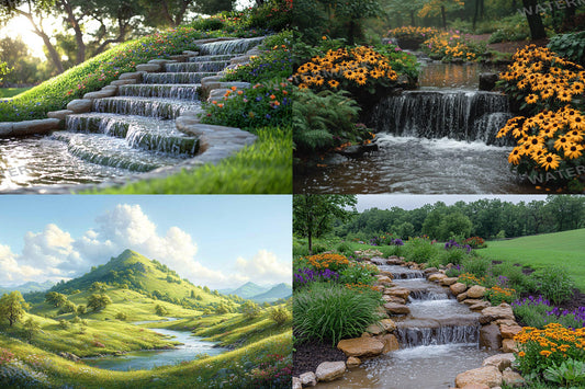 Lush Hillside Backdrops, Verdant Greenery, Cascading Waterfalls, Tranquil Countryside Landscapes, Serene Nature Digital Backgrounds