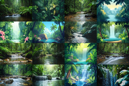 Tropical Forest streaming background, 16:9 ratio. Lush nature scenery with vibrant greenery and waterfalls, photography backdrop.
