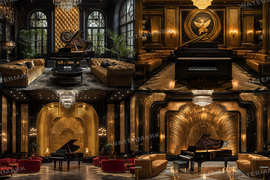 Jazz Lounge Luxe Backdrops | Art Deco Luxury Piano Backgrounds | Elegant Vintage Jazz Club Scene | Bar Interior | Digital Backdrops