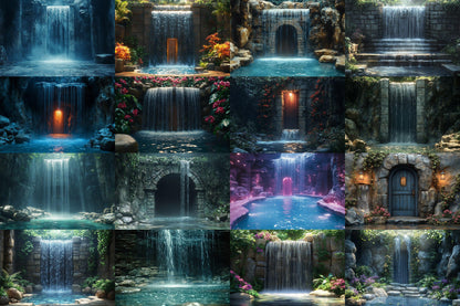 Fairy Waterfall Backdrops, Enchanted Cascades, Mystical Forest Falls, Dreamy Fantasy Streams, Magical Nature Digital Backgrounds