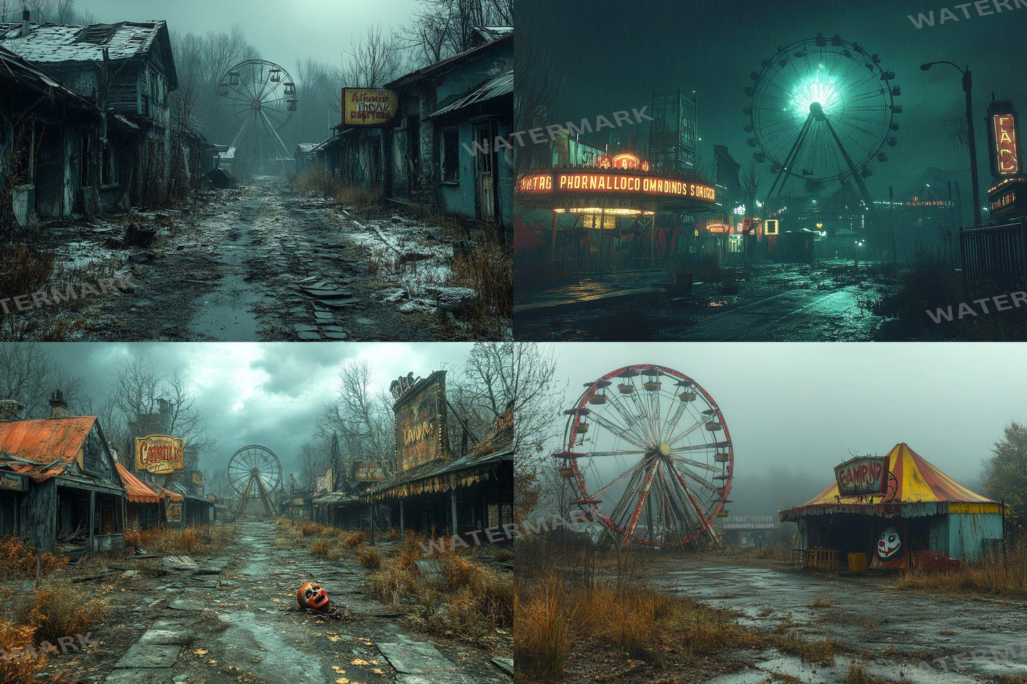 Eerie Abandoned Carnival Backdrop: 4PNGs for Unique Commercial Photography, Spooky Themed, Dark Artistic Digital Backdrops