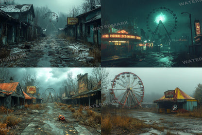 Eerie Abandoned Carnival Backdrop: 4PNGs for Unique Commercial Photography, Spooky Themed, Dark Artistic Digital Backdrops