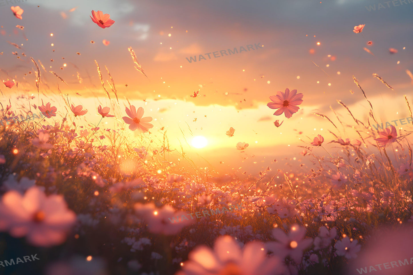 Sunset Wildflowers Digital Backdrops - Warm Golden Hour Field, Summer Bloom Photography Backgrounds - Maternity, Wedding Backdrops