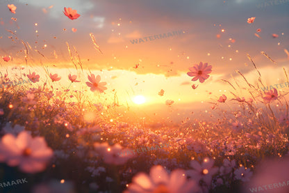 Sunset Wildflowers Digital Backdrops - Warm Golden Hour Field, Summer Bloom Photography Backgrounds - Maternity, Wedding Backdrops