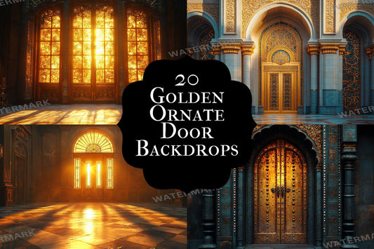 Golden Ornate Door Backdrop: 2PNGs for Fantasy Photo Editing, Magical Archway Portal Scenes, Vintage Palace Door Digital Backdrops.