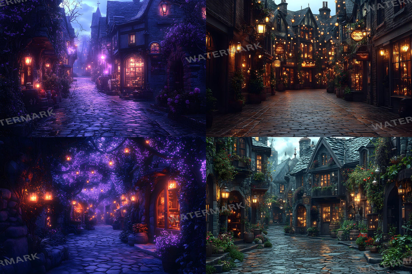 Wizard's Alley Backdrops, Magical Marketplace Scenes, Enchanted Shopfronts, Mystical Street Paths, Fantasy Digital Backgrounds