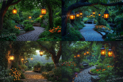 Hidden Lantern Garden Backdrop: PNGs for Enchanting Night Photography, Magical Forest Lantern Scenes, Serene Secret Garden Backdrop