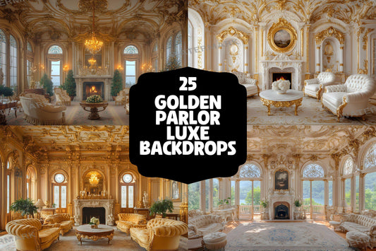 Golden Regal Room Backdrops | Palace Room Backdrops | Parlor Luxe Backdrop | Ornate Vintage Backgrounds | Luxury Room Digital Backgrounds