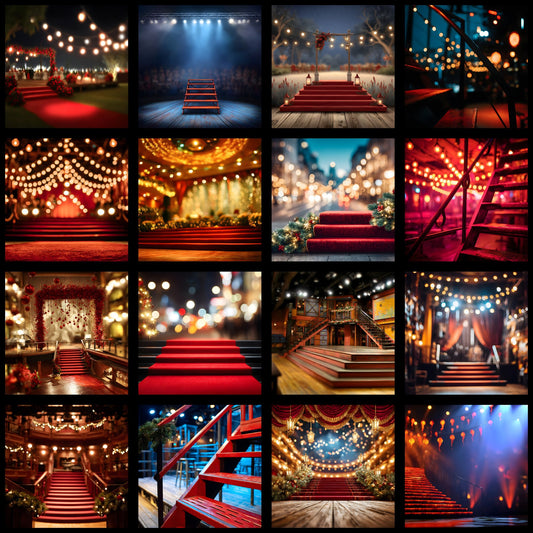 Theater Stage Digital Backdrop, Red Stairs Photography Background, Image for Dramatic Portraits, Theatrical Photo Booth Prop