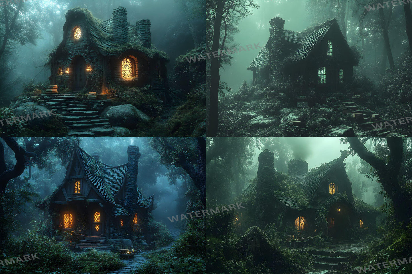 Witch Cottage Retreat Backdrops, Enchanted Forest Hideaways, Cozy Magical Cabins, Mystical Woodland Scenes, Digital Fantasy Backgrounds